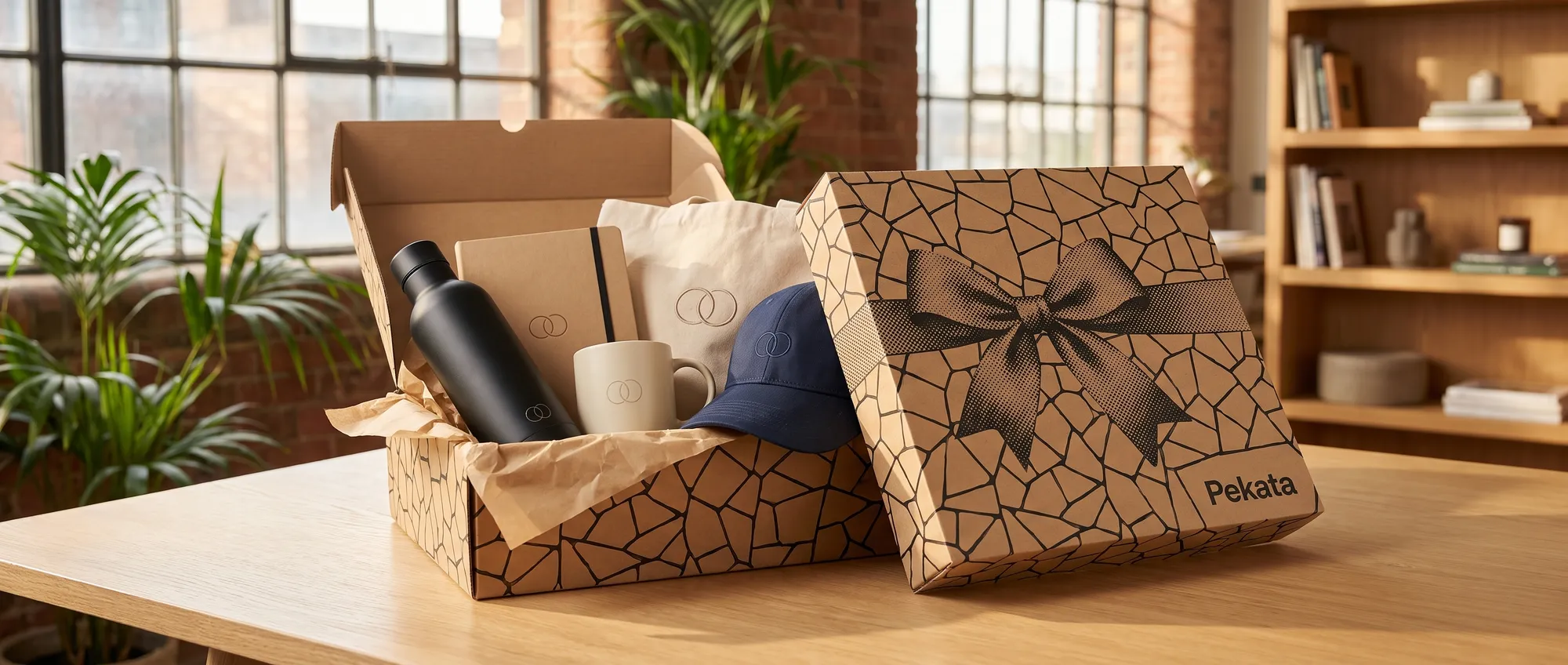 Ampolla, llibreta, tassa, tote bag i gorra amb el mateix logo d'empresa al costat d'una caixa Pekata oberta sobre una taula d'oficina