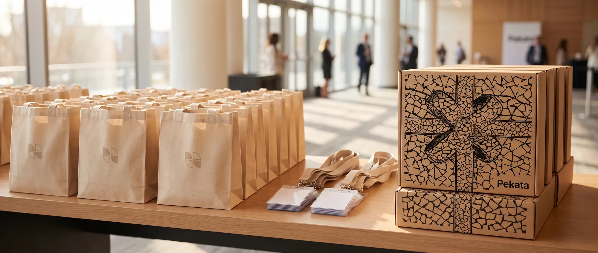 Mesa de acreditaciones de una convención de empresa con goodie bags, lanyards y cajas Pekata apiladas