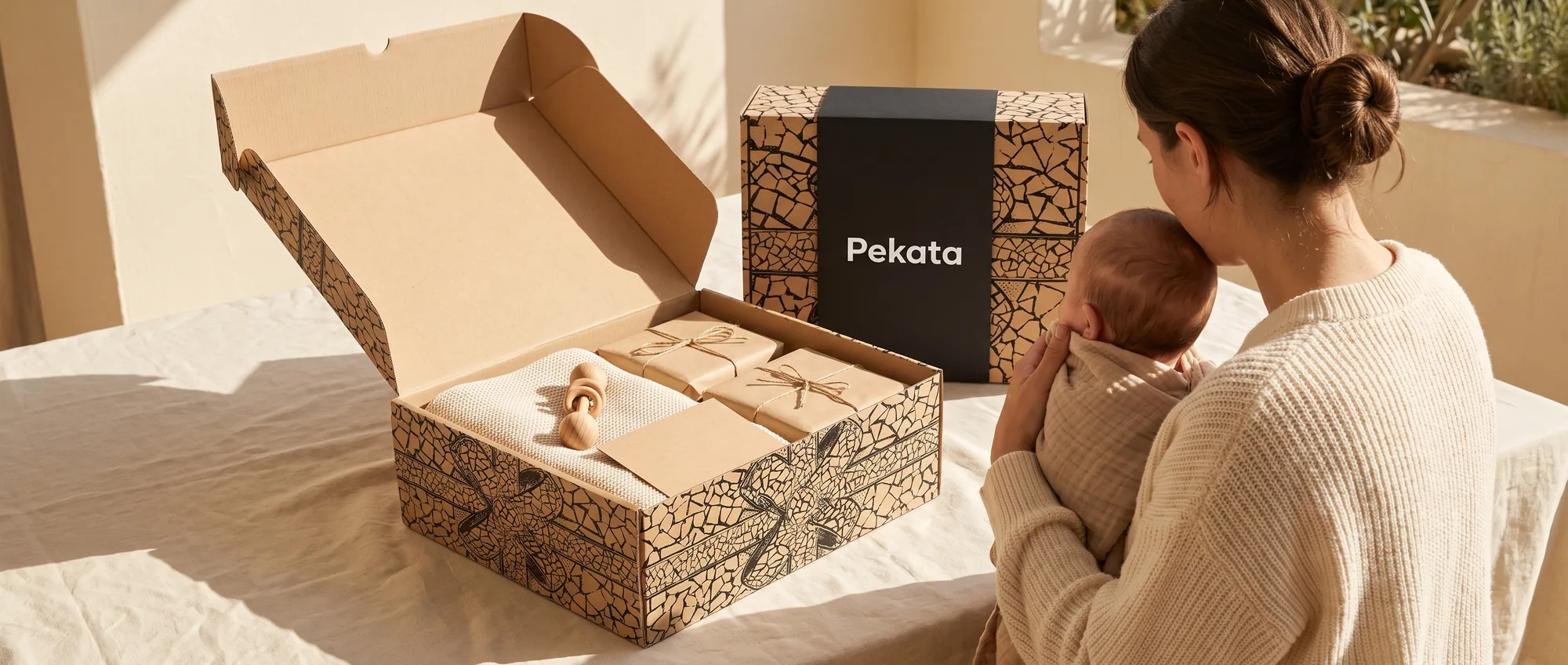 Caja Pekata abierta con una manta de punto, un juguete de madera y una tarjeta kraft sobre una superficie de lino