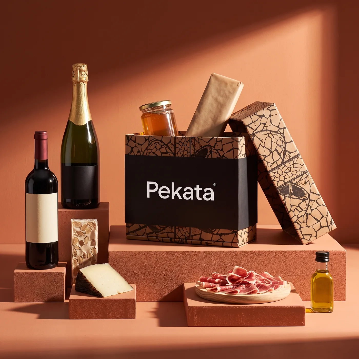 Caja Pekata abierta sobre pedestales, con cava, vino, turrón, queso, jamón ibérico y aceite de oliva