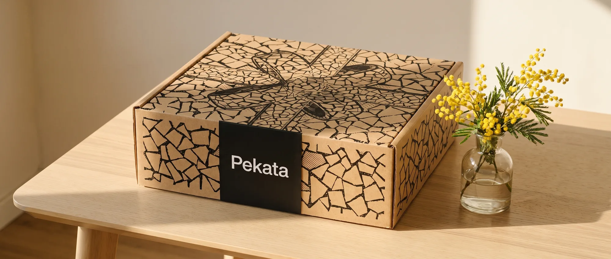 Caja de regalo Pekata con estampado trencadís junto a un pequeño ramo de mimosa con luz de primavera