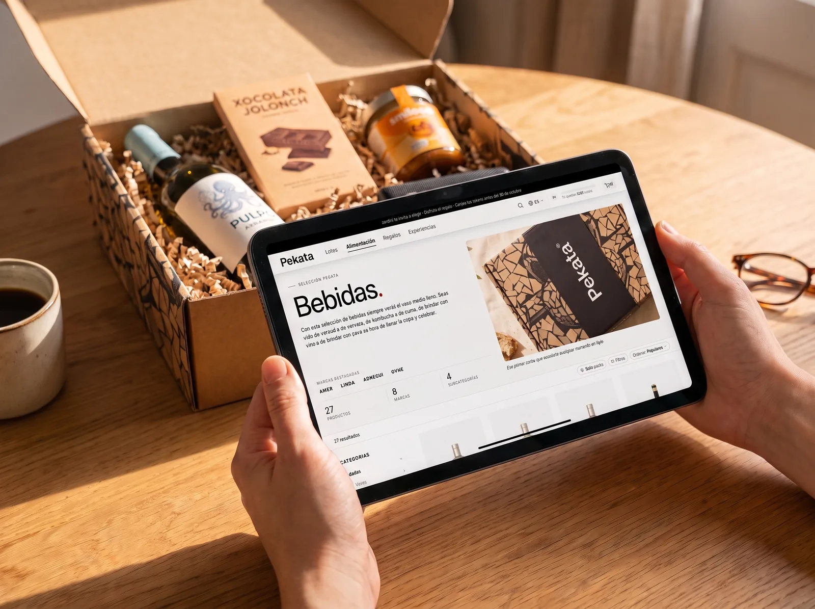 Tablet mostrando el portal de selección de Pekata junto a una caja abierta con productos