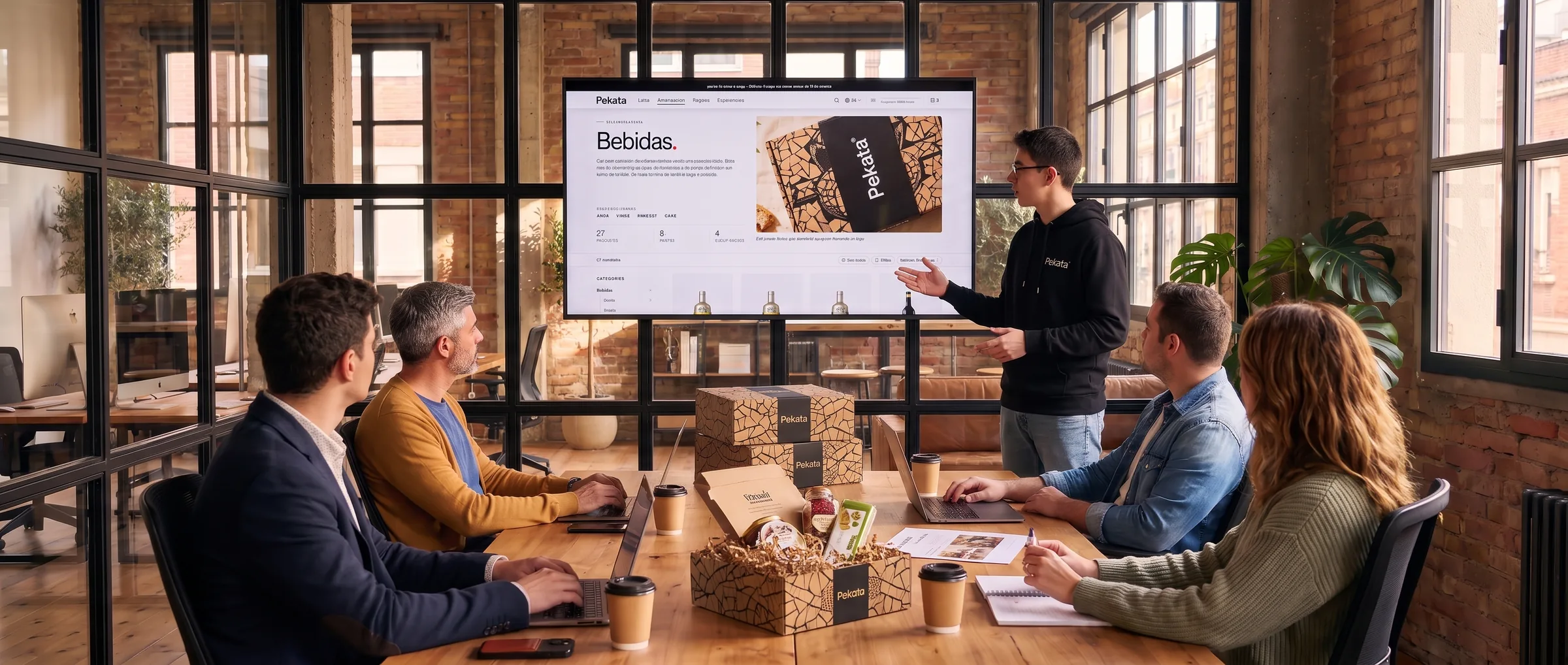 Presentación del portal de regalos Pekata a un equipo en una sala de reuniones