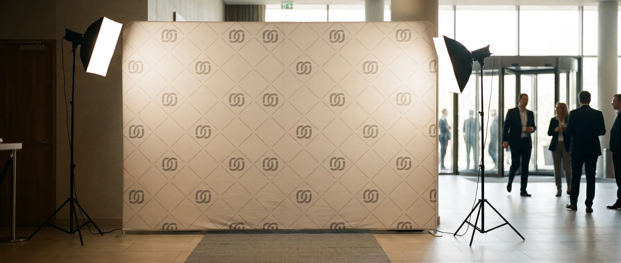 Photocall de textil tensado de 3 metros con el logo de una empresa repetido en mosaico, montado en la entrada de un evento corporativo