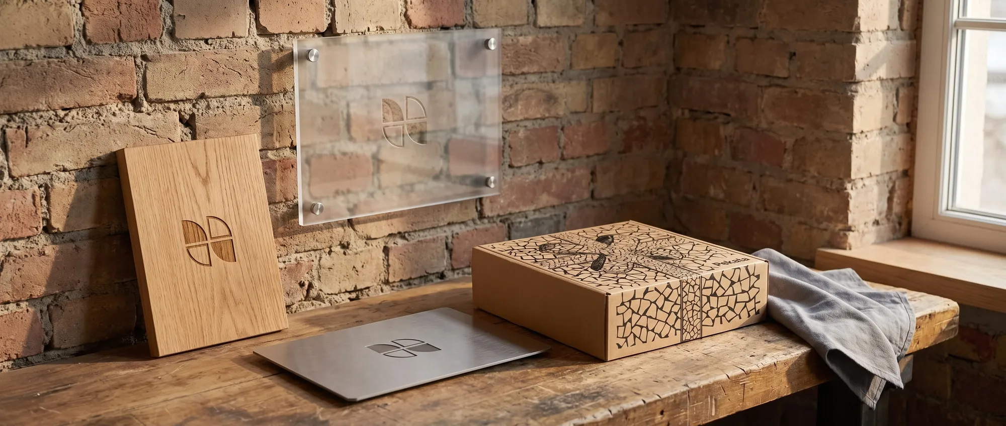 Placa conmemorativa de metacrilato y madera con el logo de una empresa grabado a láser