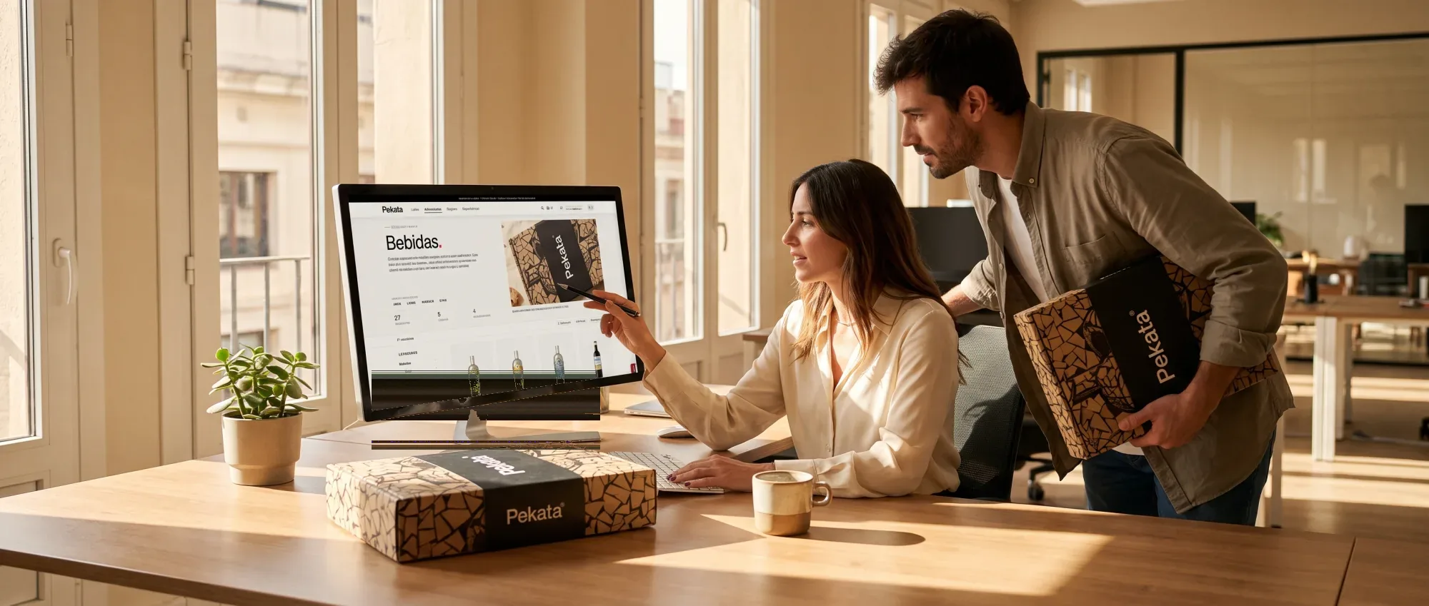 Dos personas revisando el portal de regalos Pekata en una oficina con una caja sobre la mesa