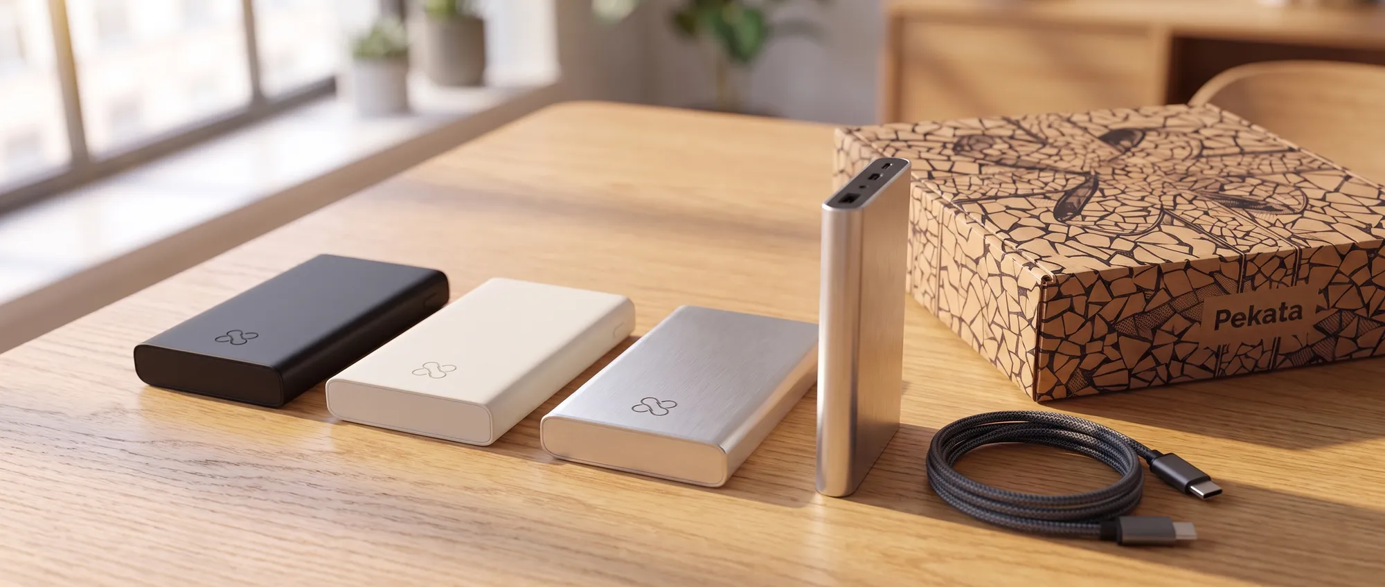 Power bank d'alumini amb logo corporatiu gravat, al costat del seu cable USB-C