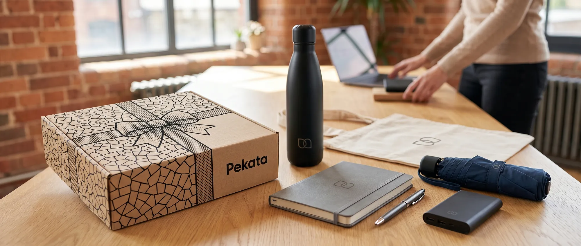 Selecció de regals promocionals amb el mateix logo sobre una taula de màrqueting al costat d'una caixa Pekata
