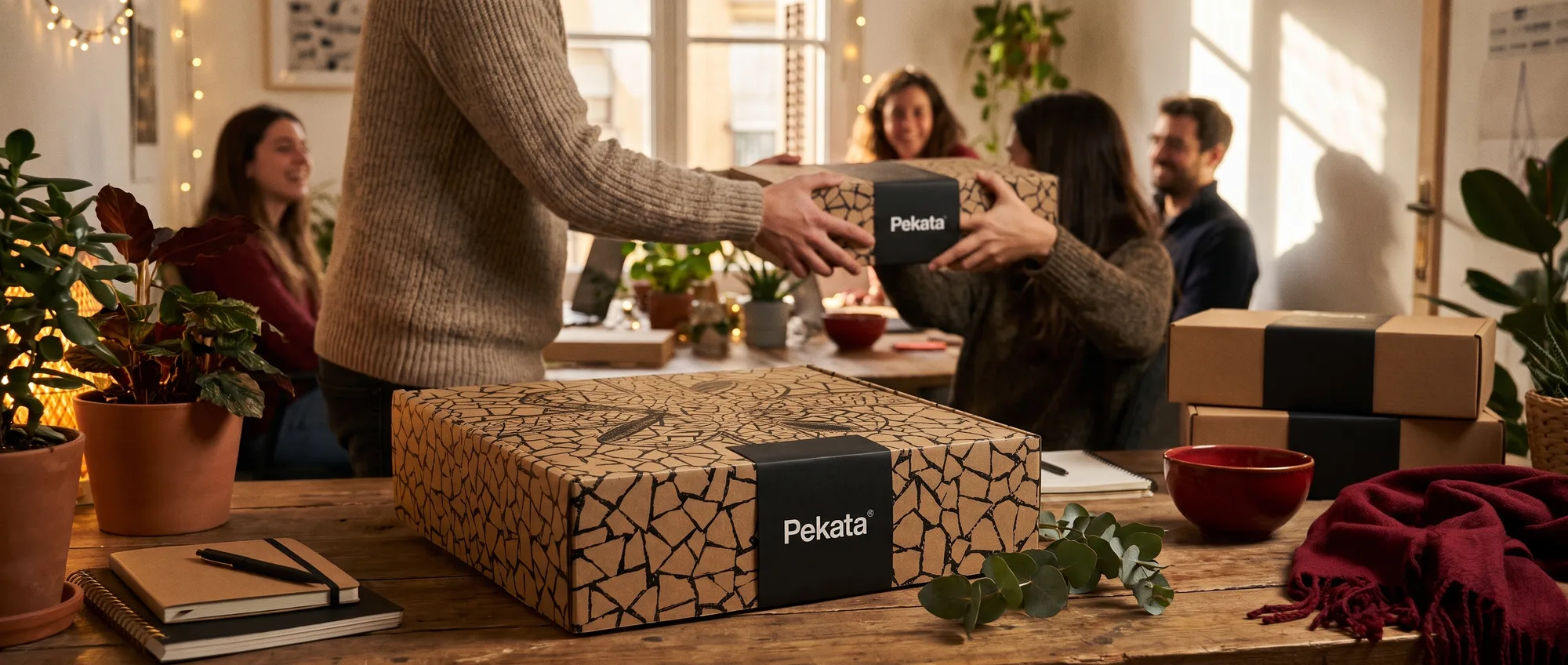 Compañeros de una empresa pequeña intercambiando cajas de Navidad Pekata en una oficina acogedora