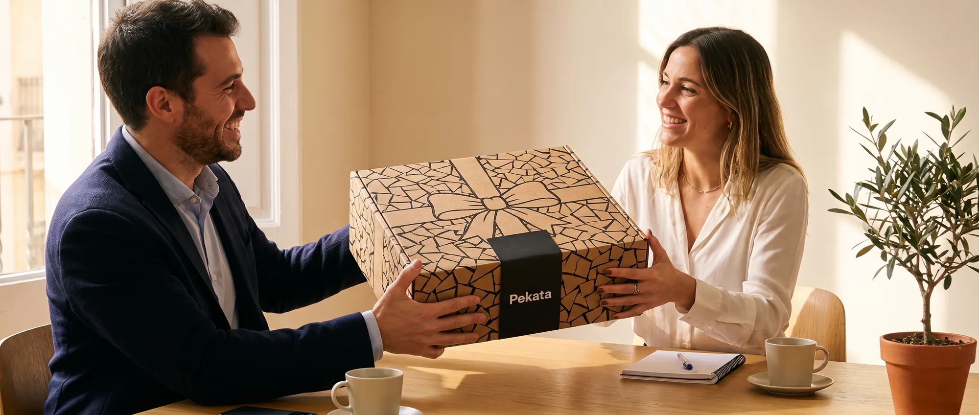 Persona entregando una caja Pekata cerrada a un cliente sonriente en una sala de reuniones luminosa