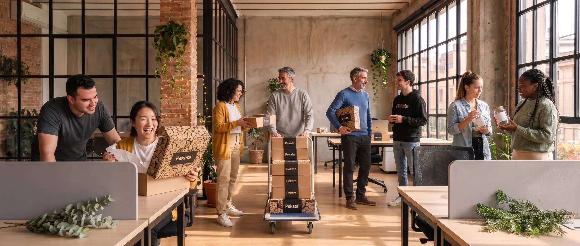 Empleados recibiendo cajas de regalo Pekata en una oficina moderna
