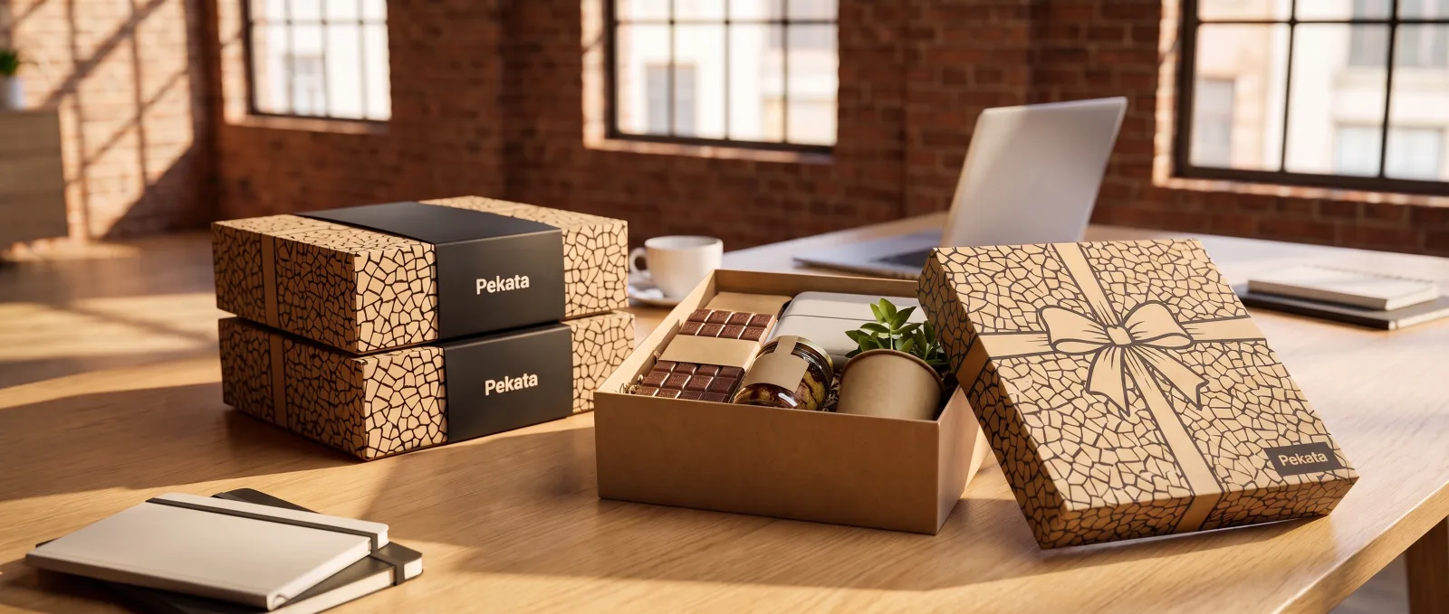 Caja de regalo de empresa Pekata abierta sobre una mesa de oficina con dos cajas cerradas detrás