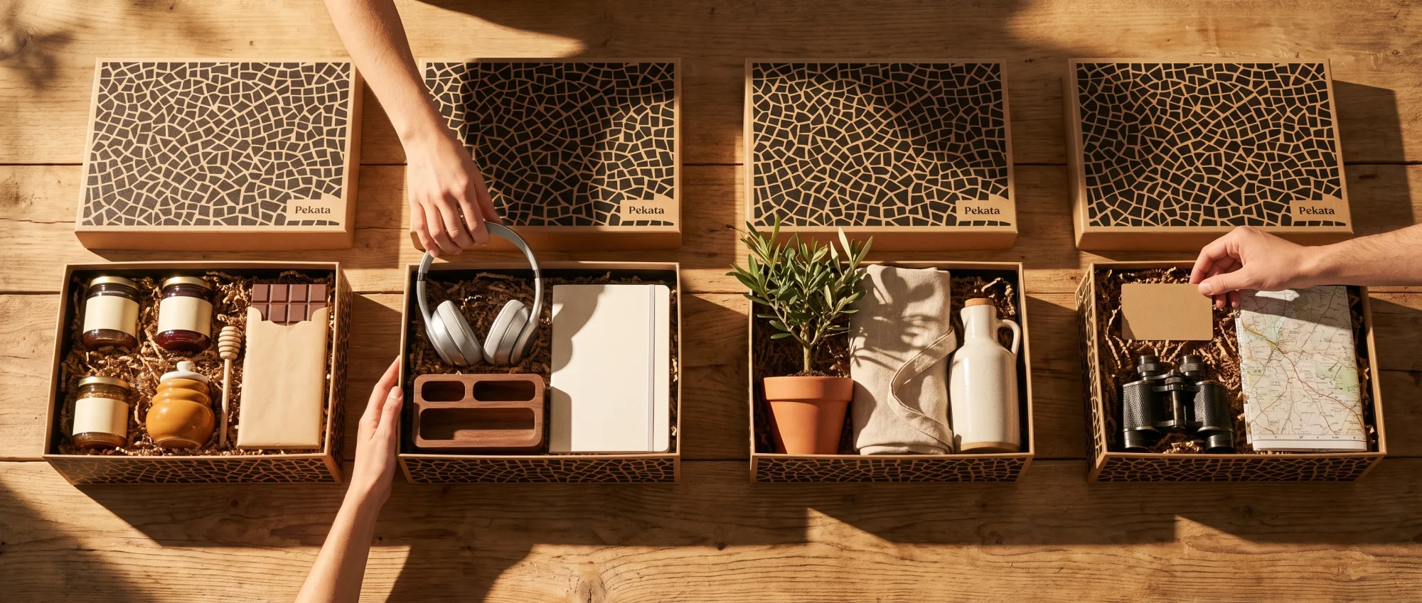 Cuatro cajas de regalo Pekata abiertas con contenidos distintos: gourmet, tecnología, plantas y viaje