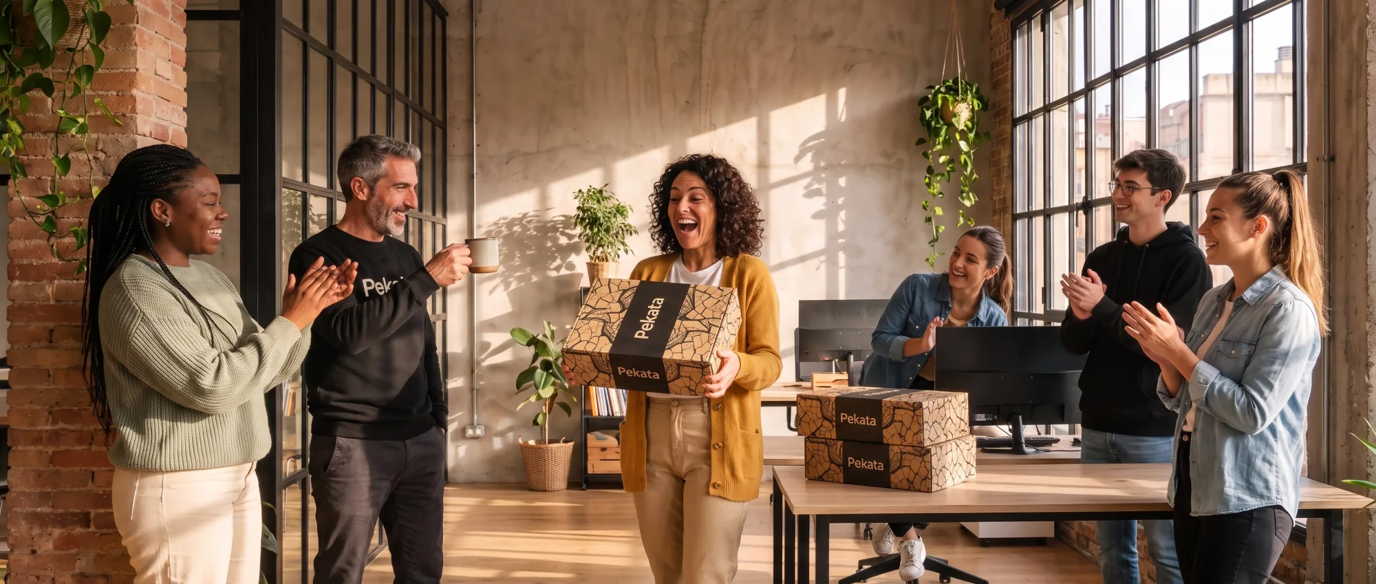 Equipo celebrando la entrega de una caja de regalo Pekata en la oficina
