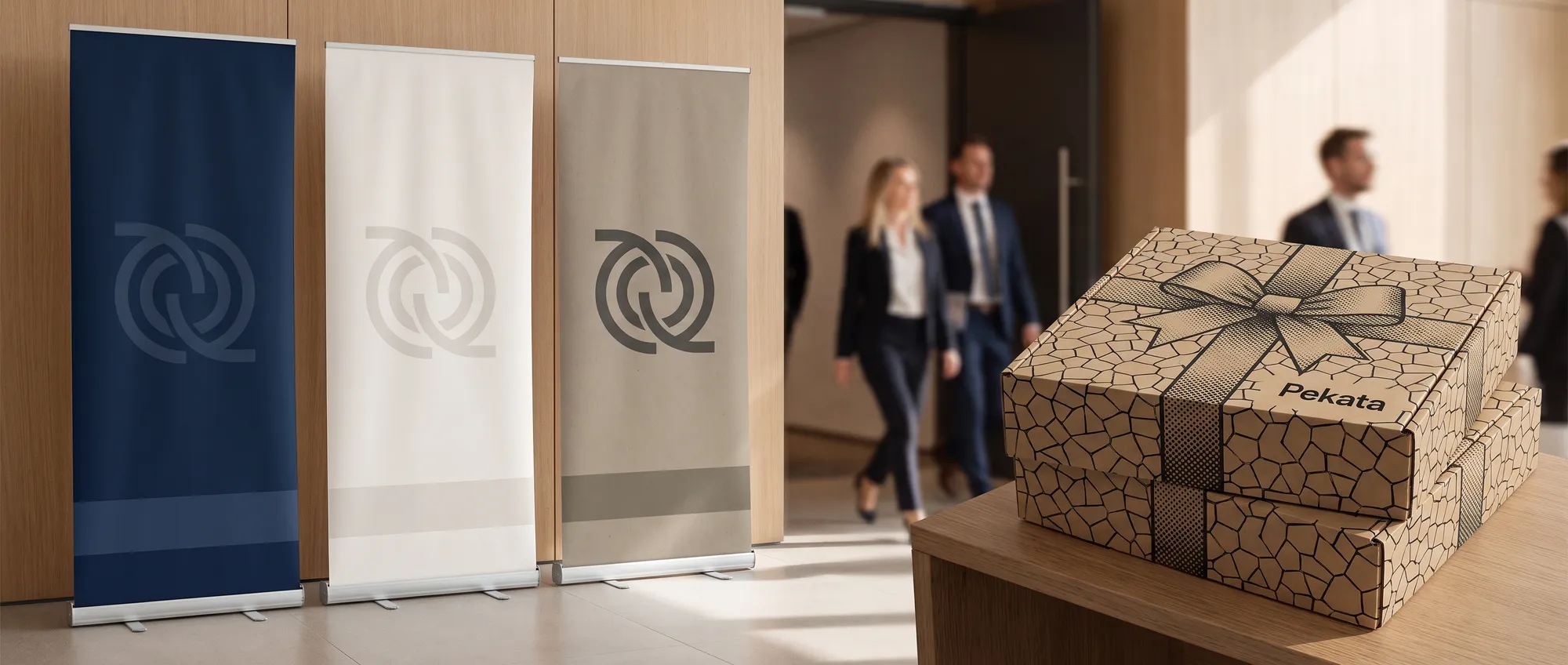 Roll up personalizado de 85x200 cm con el logo de una empresa, junto a un mostrador de feria
