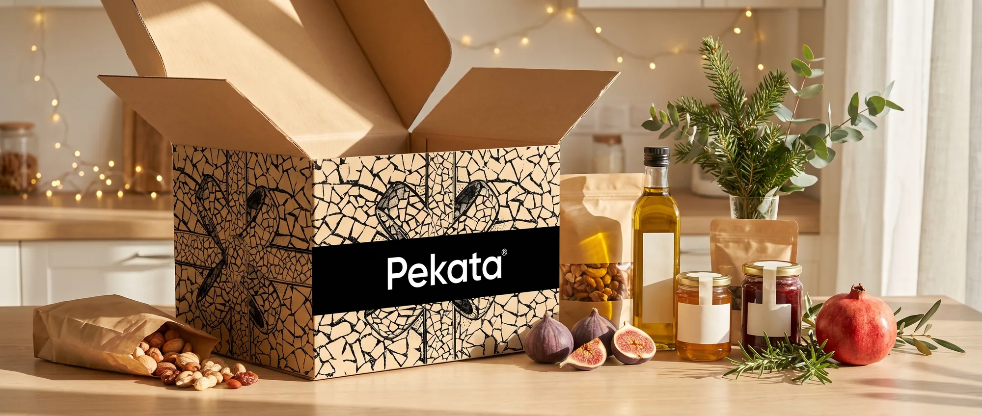 Caja de lote de Navidad Pekata abierta con frutos secos, aceite de oliva virgen extra y conservas sobre una mesa clara