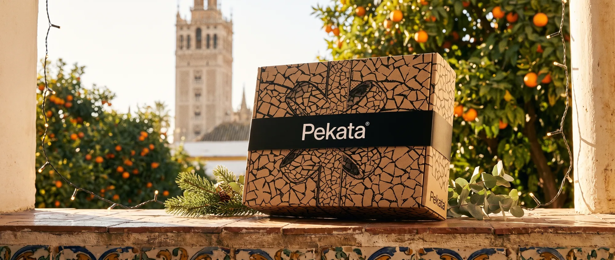 Caja de Navidad Pekata cerrada sobre un alféizar de azulejos con la Giralda de Sevilla desenfocada al fondo