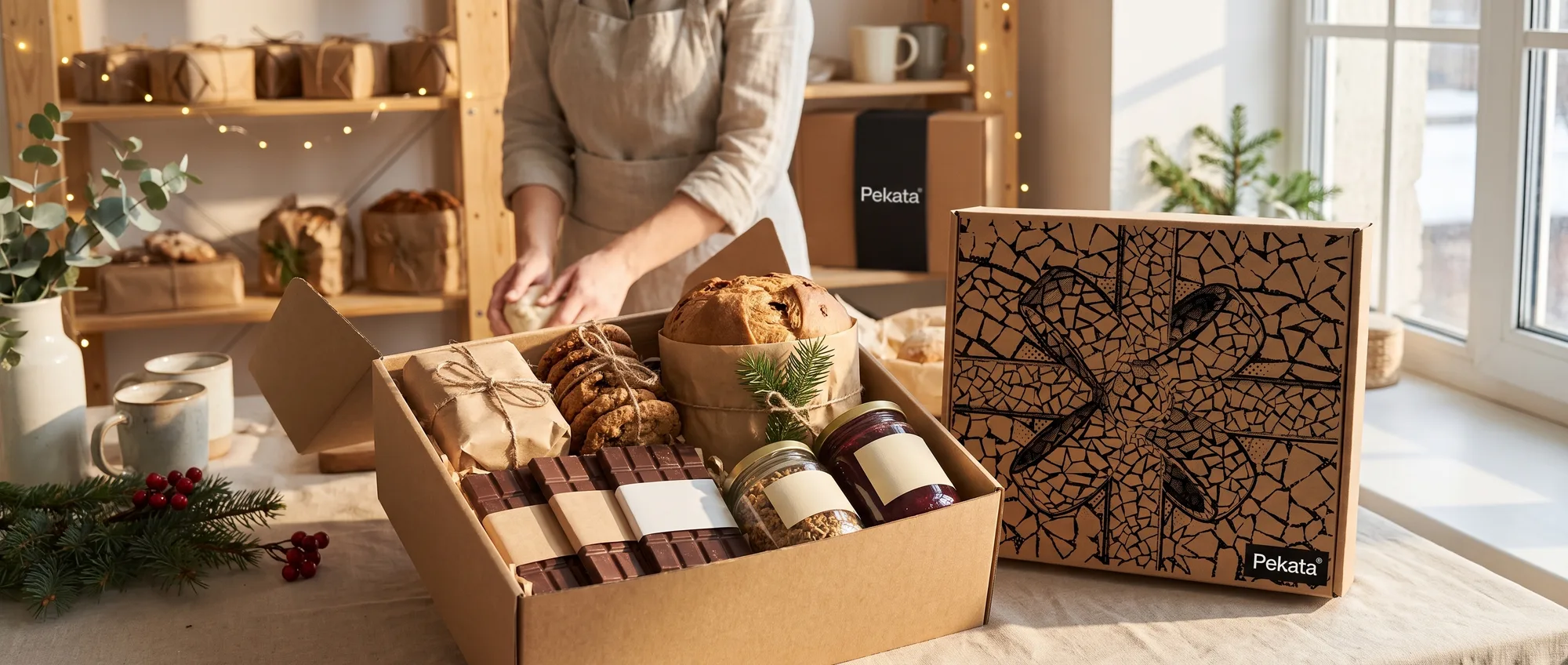 Caja de lote de Navidad Pekata abierta con dulces artesanos envueltos en papel kraft sobre un mostrador luminoso