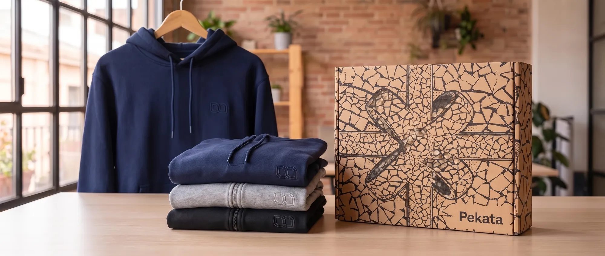 Sudadera con capucha en gris jaspeado con el logo de una empresa bordado en el pecho