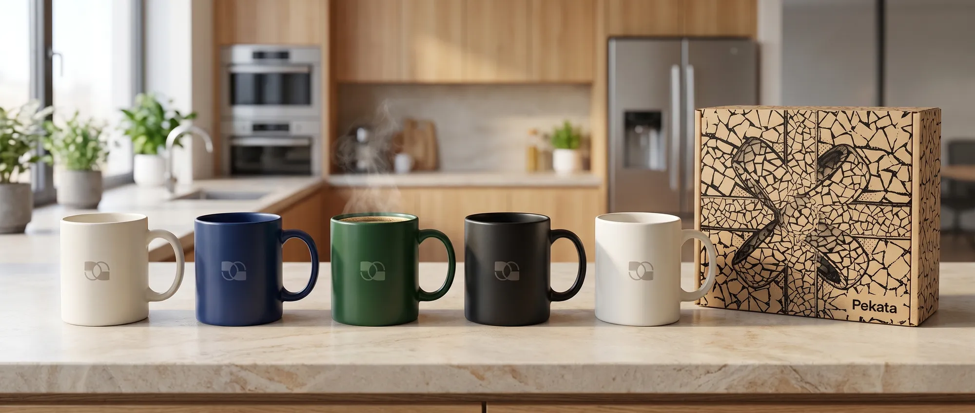 Taza de cerámica blanca con el logo de una empresa impreso en un lateral, junto a una taza de gres mate