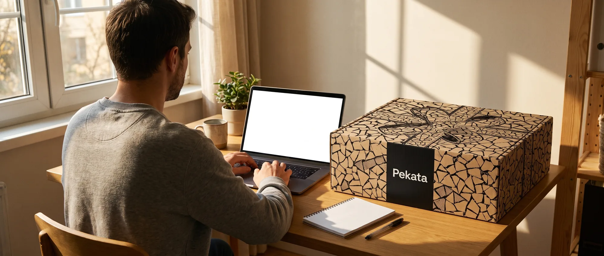 Persona en su escritorio de casa con un portátil y una caja de regalo Pekata con estampado trencadís recién entregada