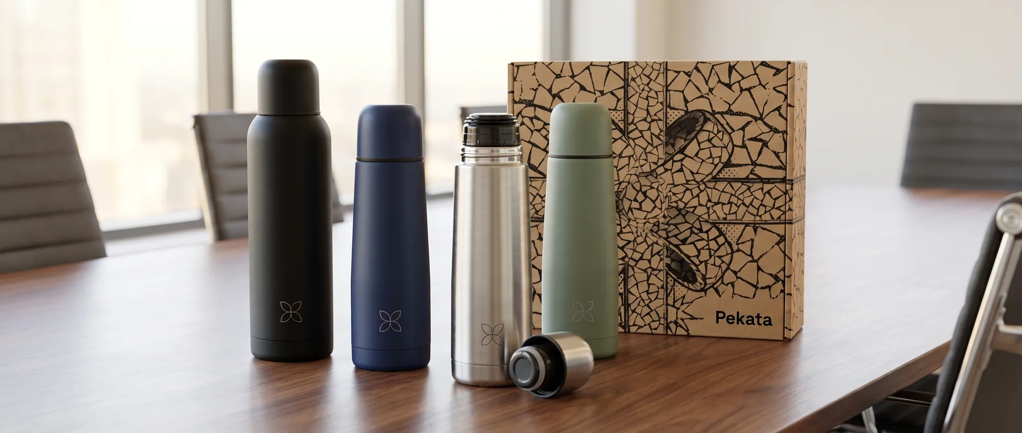 Termo de acero inoxidable gris mate con logo corporativo grabado por láser