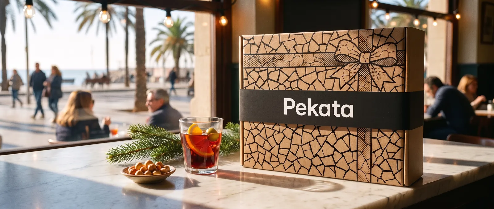 Caixa Pekata a la barra de marbre d'un cafè de vermut de Reus amb avellanes i un vermut amb taronja