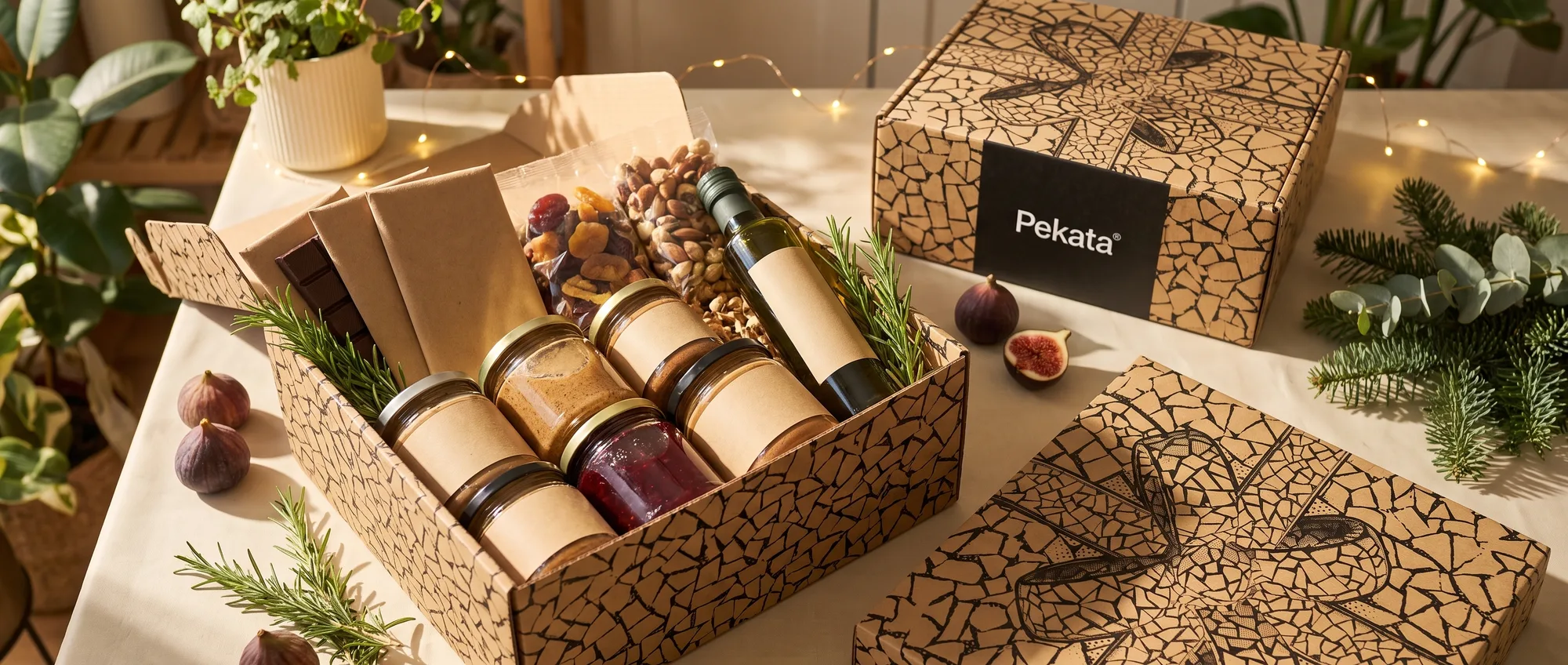 Caja de lote de Navidad Pekata abierta con conservas, chocolate y aceite de oliva de origen vegetal sobre una mesa clara