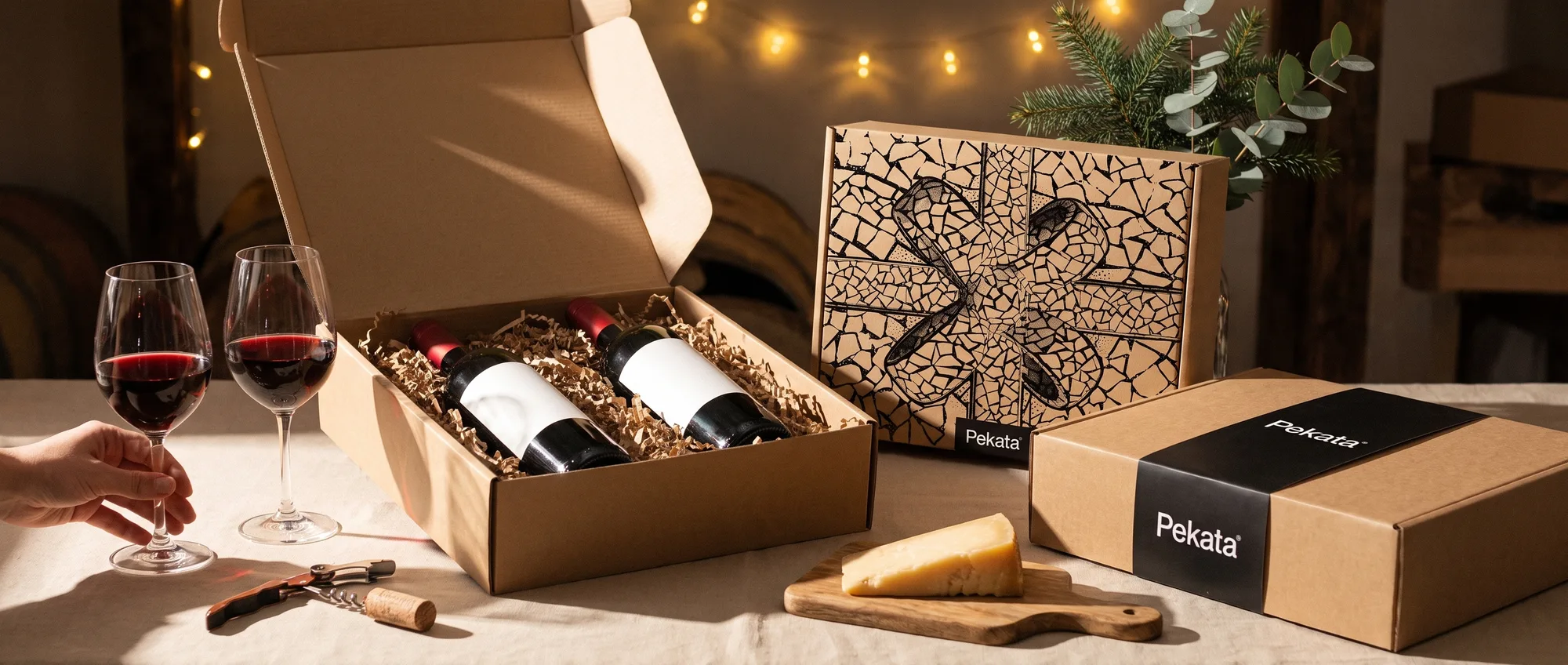 Caja de lote de Navidad Pekata abierta con dos botellas de vino, copas y una tabla de queso sobre una mesa de madera