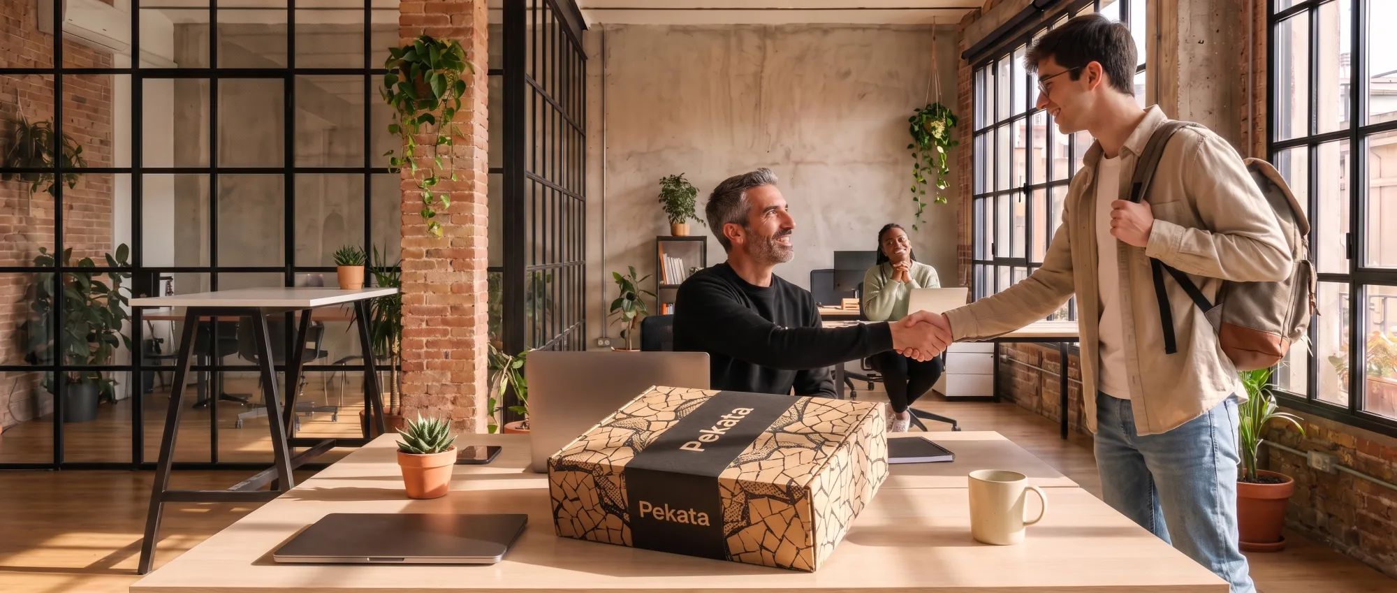 Nuevo empleado recibiendo una caja de bienvenida Pekata en su primer día de trabajo