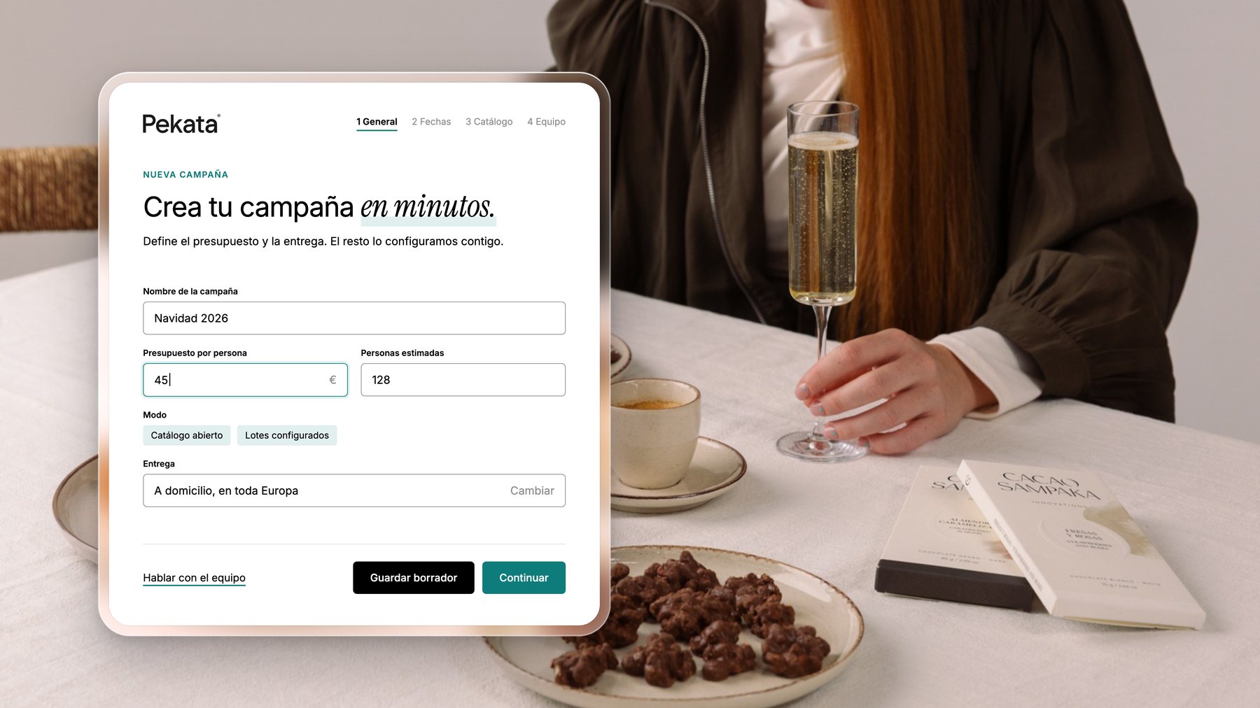 «Crea la teva campanya en minuts»: pressupost per persona, persones estimades, mode i lliurament