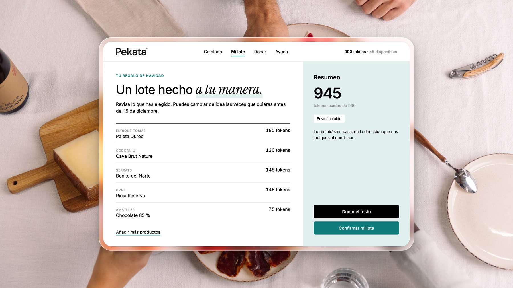 Resum del lot: «Un lot fet a la teva manera», amb els tokens usats i la confirmació