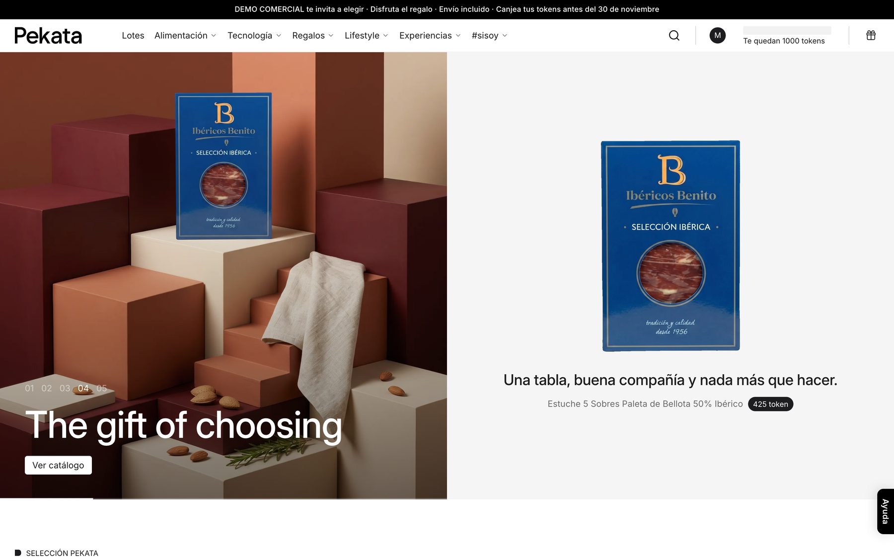 El portal de selecció: portada de la campanya amb el producte destacat i els tokens disponibles